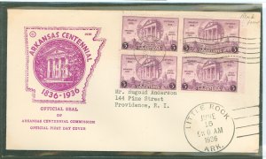 US 782 1936 3c Arkansas centennial (block of four) on an addressed first day cover with an Arkansas centennial commission cachet