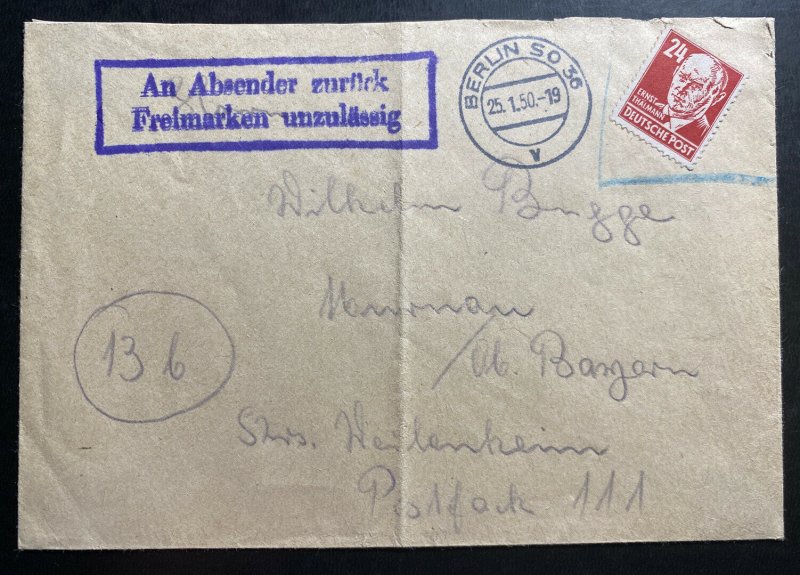 1950 Berlin Germany Returned To Sender Cover To Murnau