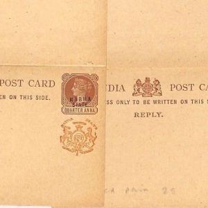 East India NABHA STATE Overprint QV Reply Postcards Matched Pair{2}{samwells}MM5