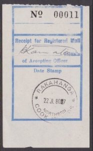 COOK IS 1980 PO registered letter receipt with cds of RAKAHANGA............A8185