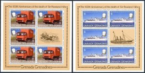 Grenada Gren 328-331 sheets,MNH. Sir Rowland Hill,1979.Mail Truck,Train,Liner,