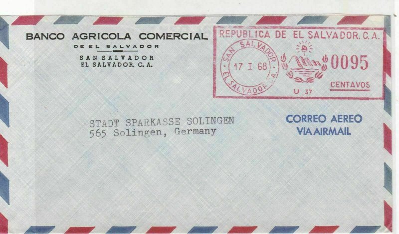 El Salvador 1968 Banco Agricola Comercial Cancel Airmail Stamps Cover ref R17655