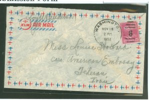 US 829 1952 Solo 25c McKinley (presidential/prexy series) stamp paid the half ounce airmail rate to Asia on this cover.