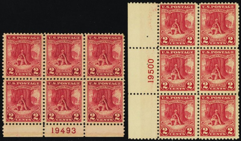 645, Mint VF H 2¢ Two Plate Blocks of Six CV $50.00