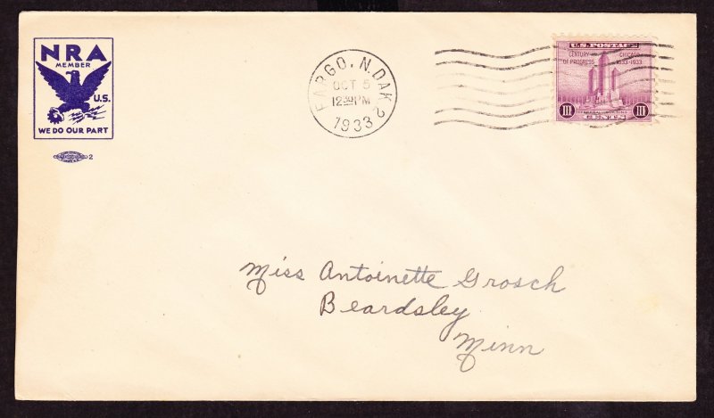 Cover, Scott 729, NRA (National Recovery Act) Emblem Corner Card, Fargo, ND stn