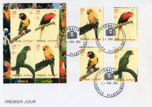 Somalia 2003 PARROTS/BIRDS  Set (4) + Sheetlet Perforated FDC