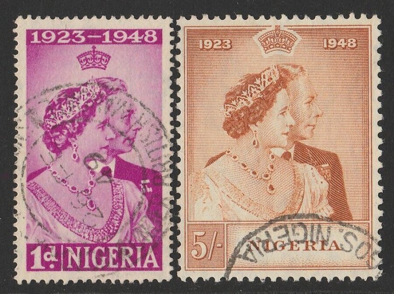 NIGERIA 1948 KGVI Silver Wedding set 1d & 5/-.