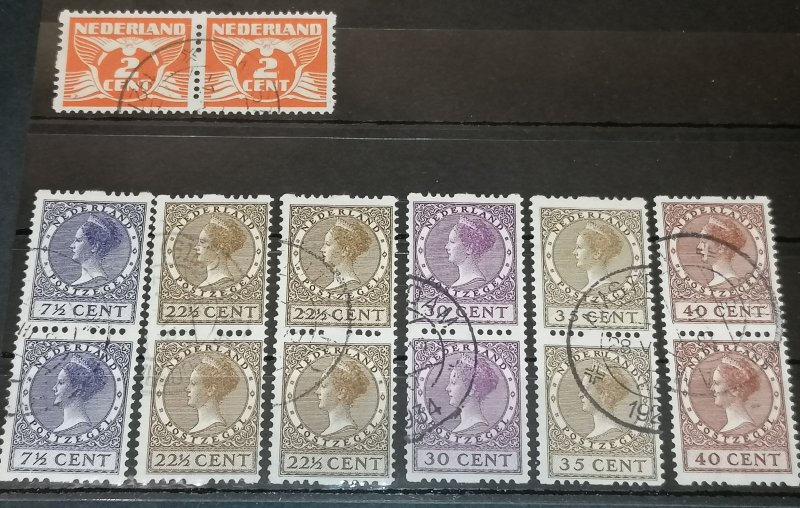 Netherland roll perforation stamp pairs, Michel 174B,180B,186B,188B,189B,190B