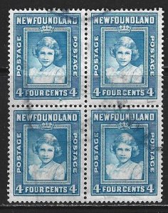 NEWFOUNDLAND - #247 - 4c PRINCESS ELIZABETH USED BLOCK OF 4