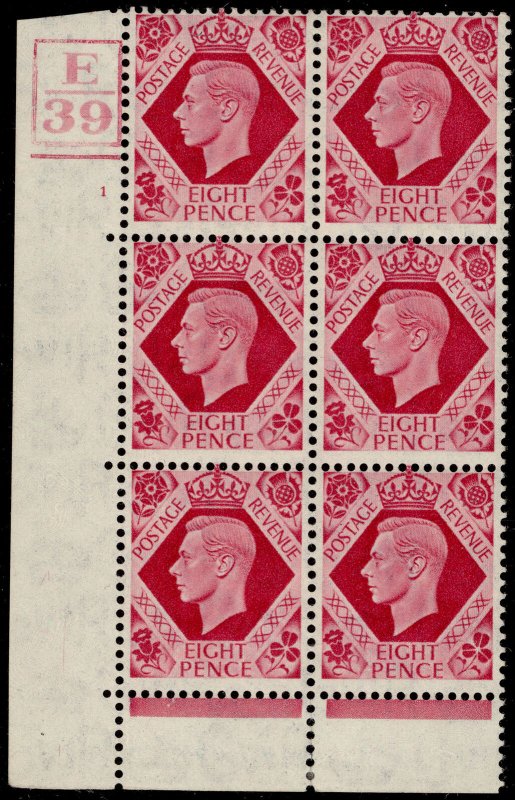 GB GVI SG472, 8d bright carmine, LH MINT. Cat £70. BLOCK of 6. Cyl 1