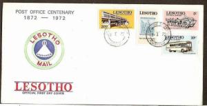 LESOTHO 1972 POST OFFICE CENTENERY, STAMP ON STAMP, BUS, HORSE CART FDC # 6609