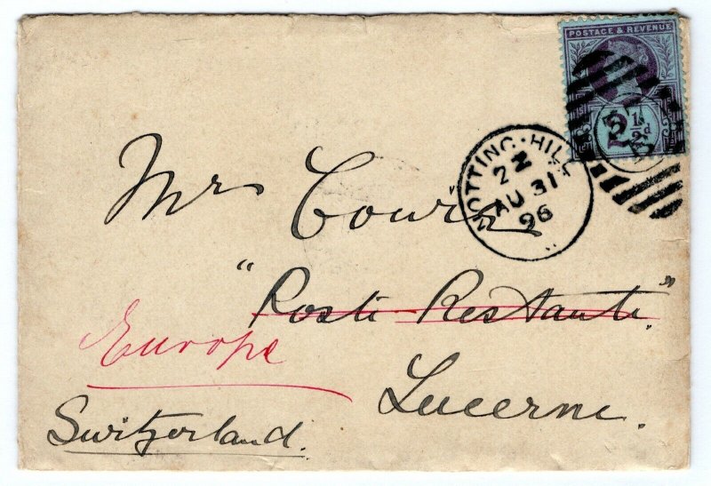 GB Cover London 2½d Jubilee Switzerland Lucerne Redirected 1896{samwells}PE98 