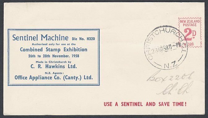 NEW ZEALAND 1958 Hawkin's Sentinel 2d meter cover - Chch stamp exhibition...L270