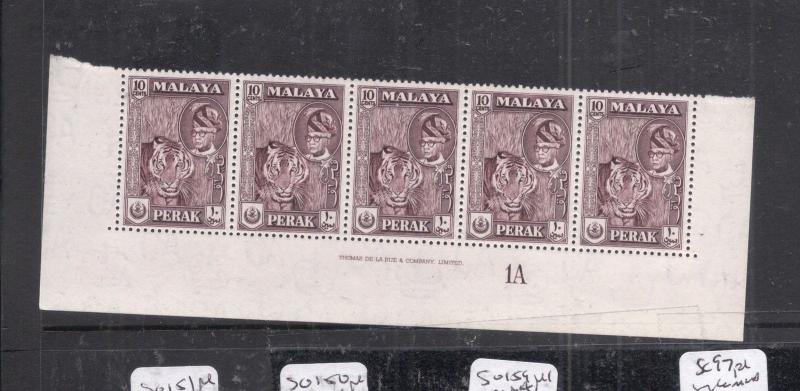 Malaya Perak Tiger SG 156 Imprint Plate Strip of Five MNH (9dji)