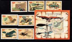 Cambodia Sc 797-804 NH set & S/S of 1987 - Early Aircraft Design