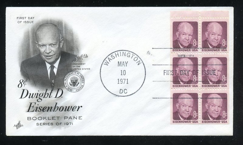 US 1395b 8c Issue Eisenhower Bklt 6 Blk  UA ArtCraft cachet FDC