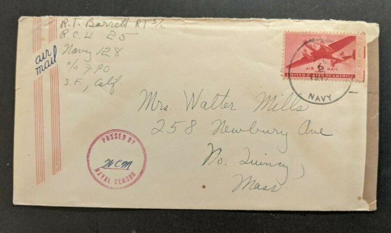 1945 Censored WWII FPO Airmail Cover San Francisco CA to MA US Navy Cancel