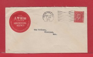 #207 3c Medallion Coil on Advertising cover, nice combo, 1935 Canada