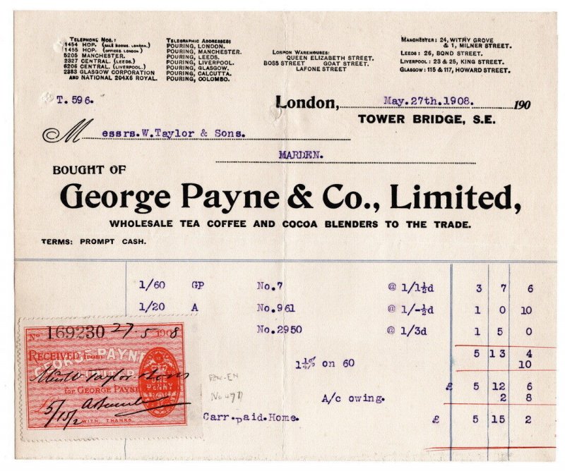 (I.B) Edward VII Revenue : Receipt Note 1d (George Payne & Co)