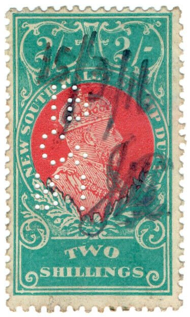 (I.B) Australia - NSW Revenue : Stamp Duty 2/- (Royal Insurance perfin)