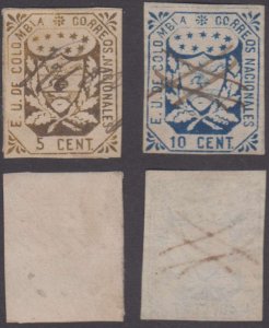 COLOMBIA 1864 COAT OF ARMS Sc 30 & 31a BRONZE & DARK BLUE SHADES PEN CANCELLED