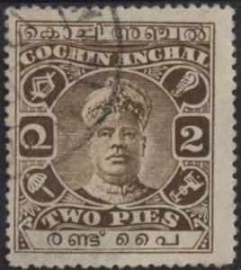 India: Cochin 82 (used) 2p Sri Rama Varma II, dull brown (1946)