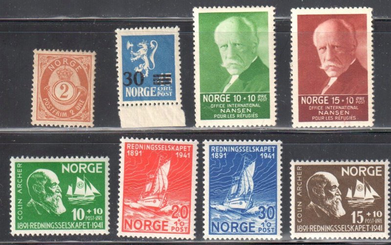 Norway #37, 129 VF NH, B5, B6, B20 to B23 all Mint H