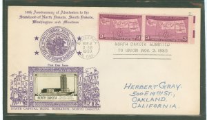 US 858 1939 3c 50th anniversary of north dakota statehood, pair on an addressed fdc with a crosby thermal cachet