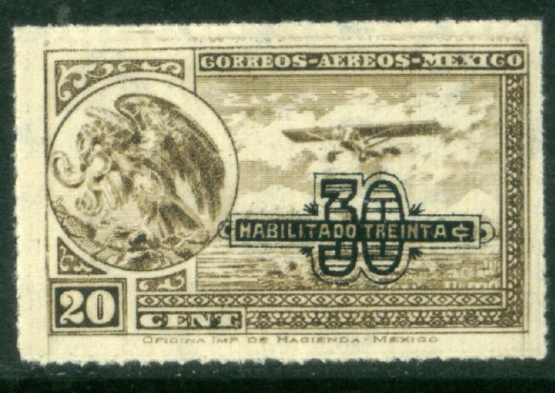 MEXICO C49, 30 on 20c SURCHARGED ARMS & PLANE. MINT NH