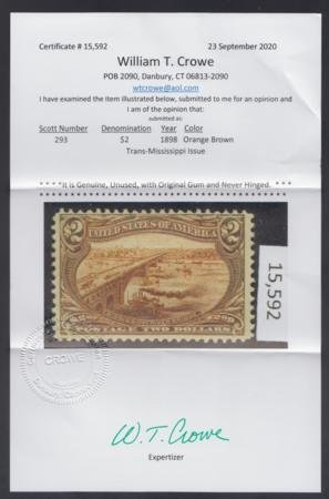 US 293 Early Commemoratives F - VF Mint NH Wm. Crowe Cert - Fresh! cv $5,750