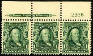 US Stamps # 300 MNH VF Strip Of 3 With Imprint And Plate # Scott Value $90.00 