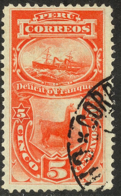 PERU 1902-07 5c Postage Due WITHOUT Grill Sc J2a VFU