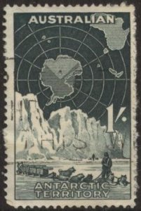 Australian Antarctic Territory L3 (used, adhesion) 1sh dog team, dk grn (1959)