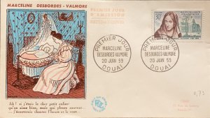P) 1957 FRANCE, FDC, 100TH ANNIVERSARY MARCELINE DESBORDES-VALMORE STAMP, XF