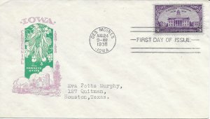 1938 FDC, #838, 3c Iowa Territorial Centennial, Ioor