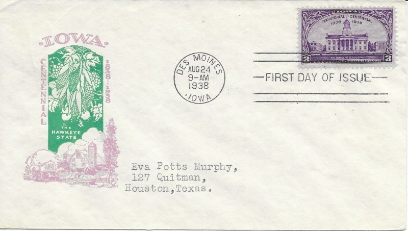 1938 FDC, #838, 3c Iowa Territorial 100th, Ioor #1