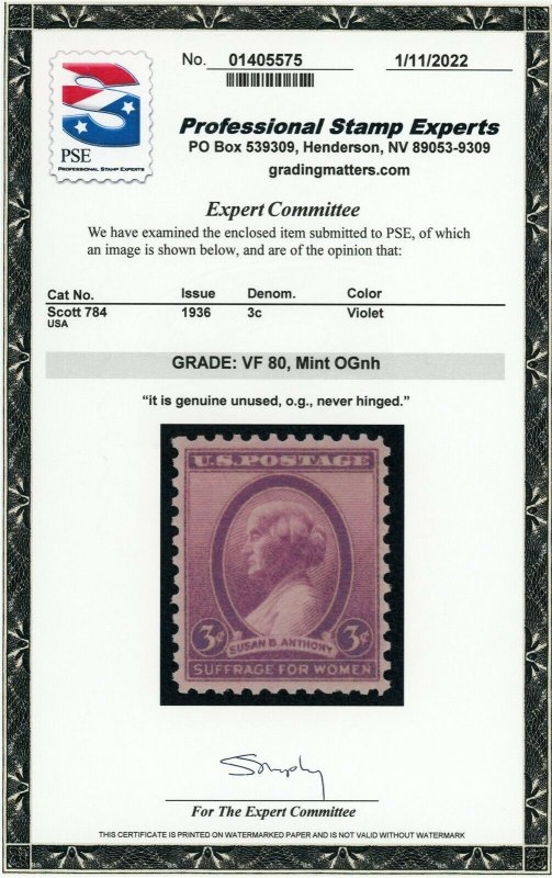US Stamp #784 Susan B Anthony 3c - PSE Cert - VF 80 - Mint OGNH 