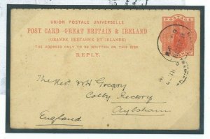 GB REPLY Card Used Abroad *Ranikhet* INDIA HILL STATION 1903 Retour Norfolk 32.4