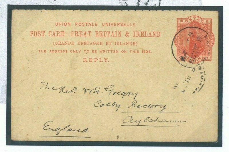 GB REPLY Card Used Abroad *Ranikhet* INDIA HILL STATION 1903 Retour Norfolk 32.4