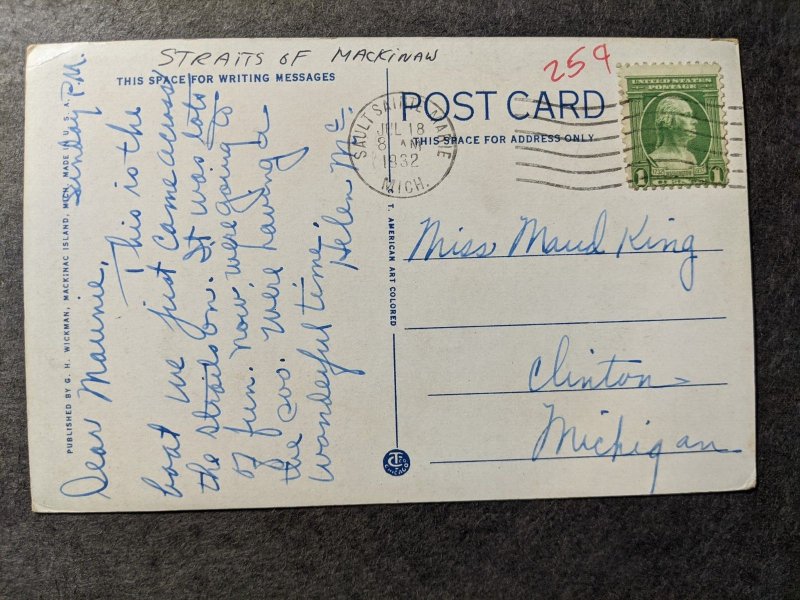 Auto Ferry The STRAITS of MACKINAC 1932 Naval Cover Postcard SAULT Ste MARIE, MI 