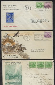 US 1933 CENTURY OF PROGRESS CHICAGO EXHIBITION 3 COVERS WITH FDC