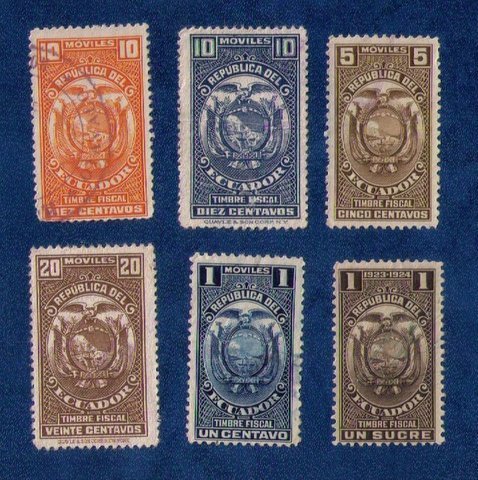 ECUADOR “Moviles Tax Revenue” collection of 6 stamps  FVF, Used& MH