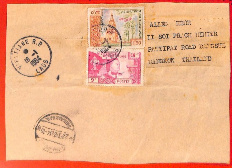 aa6327 - LAOS -  Postal History - PARTIAL WRAPPER to THAILAND  1964