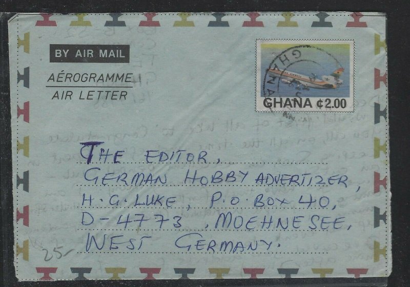 GHANA COVER (P1904B)  1985 AIRPLANE 2.00 AEROGRAM TO GERMANY 