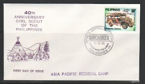 Philippines, Scott cat. 1503. Girl Scout Camp o/p . Jeep issue. First day cvr. ^