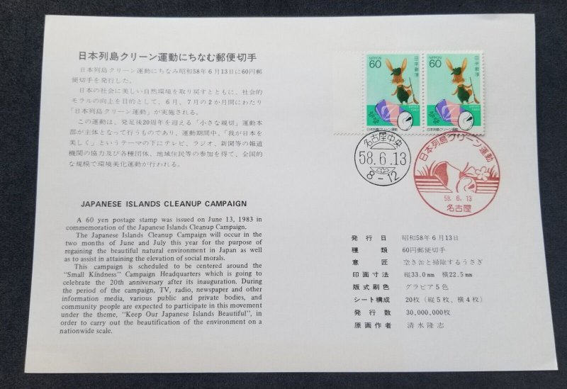 *FREE SHIP Japan Clean Up Campaign 1983 Environment Protection Rabbit (FDC *card