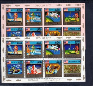 AJMAN 1973 SPACE RESEARCH/APOLLO XI-XVII 2 SHEETS OF 8 STAMPS PERF. & IMPER MNH