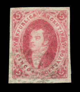 ARGENTINA 1872  RIVADAVIA - No wmk. -  5c carmine  Scott # 14 used