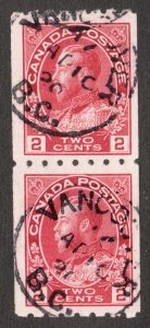 Rare : 1913 Canada Sc#124 - 2¢ Admiral - Dated Vancouver B.C. cancel Est$225.00