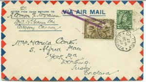 Scarce 1932 JUSQU'A cancelled airmail to England 5c+2c Arch coil on cover Canada